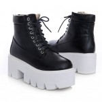 Black Lace Up Chunky White Sole Block Platforms Boots Shoes