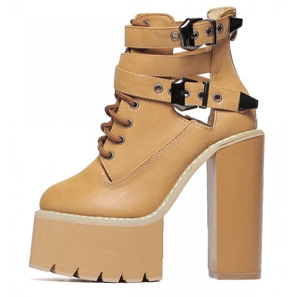 Brown Camel Khaki Punk Rock Straps Chunky Sole Block High Heels Platforms Boots Shoes