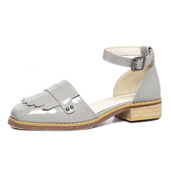 Grey Patent Fringes Point Head Mary Jane Sandals Flats Shoes