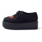 Black Suede Embroidery Cherry Lace Up Platforms Creepers Oxfords Shoes
