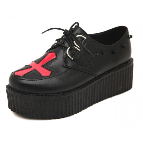 Black Red Cross Studs Punk Rock Lace Up Platforms Creepers Oxfords Shoes