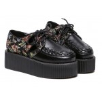 Black Vintage Flowers Retro Lace Up Platforms Creepers Oxfords Shoes
