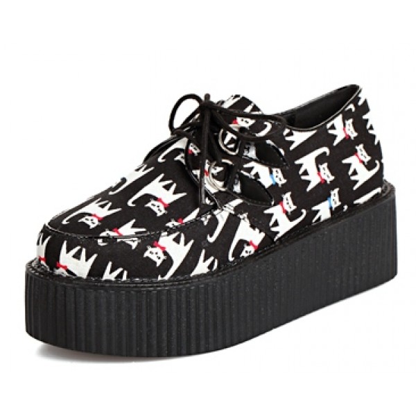 Black White Cats Cartoon Lace Up Platforms Creepers Oxfords Shoes