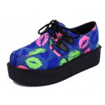 Blue Colorful Lips Mouths Lace Up Platforms Creepers Oxfords Shoes