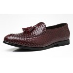 Burgundy Knitted Leather Tassels Mens Oxfords Loafers Dress Business Shoes Flats