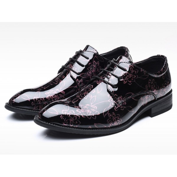 Black Purple Glossy Patent Flowers Lace Up Mens Oxfords Loafers Dress Business Shoes Flats
