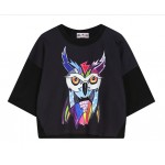 Black White Colorful Owl Cropped Short Sleeves Tops T Shirt