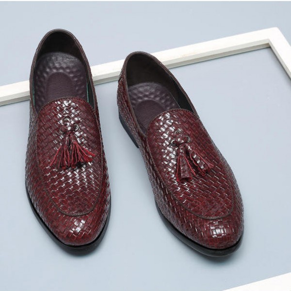 Burgundy Knitted Leather Tassels Mens Oxfords Loafers Dress Business Shoes Flats