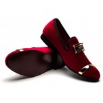 Burgundy Velvet Gold Emblem Loafers Dapperman Prom Dress Shoes Flats