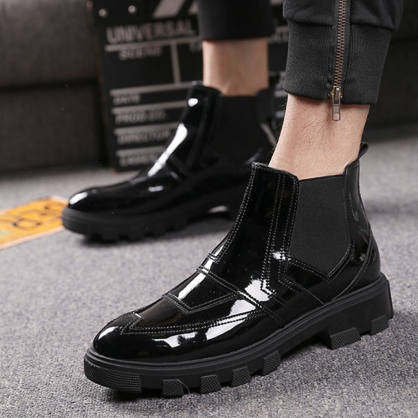 Black Patent Cleated Sole High Top Mens Ankle Chelsea Boots Shoes