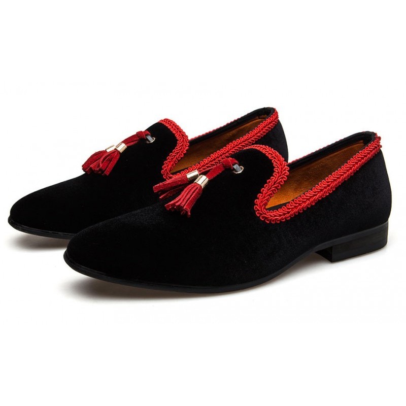 Black Red Velvet Tassels Loafers 