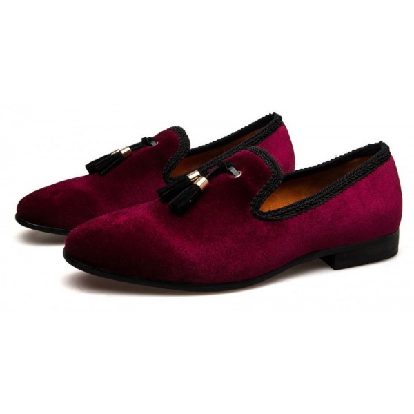 Burgundy Velvet Tassels Loafers Dapperman Prom Dress Shoes Flats
