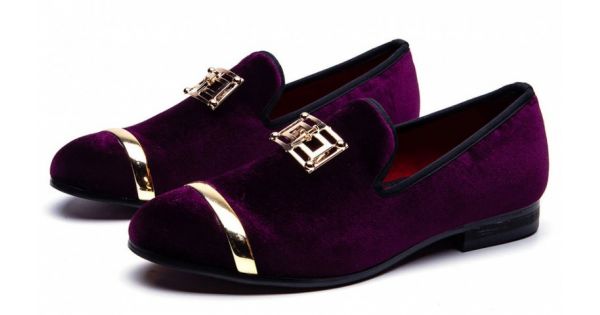 purple and gold loafers