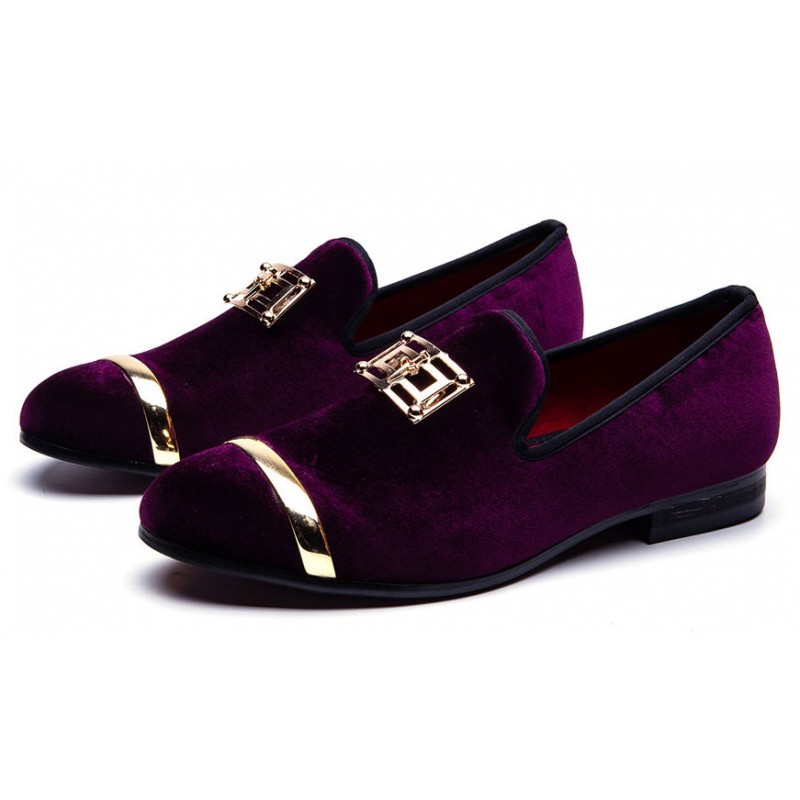 Purple Velvet Gold Emblem Loafers Prom Shoes Flats