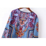 Blue Vintage Paisley Totem Retro Pattern Chiffon Long Sleeves Blouse Shirt Tunic