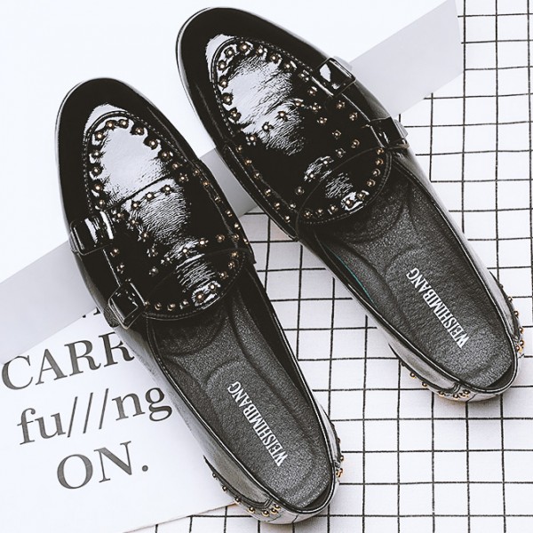 Black Patent Studs Monk Straps Leather Loafers Flats Dress Shoes