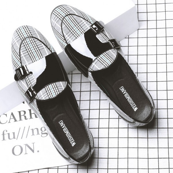 Black White Houndstooth Monk Straps Leather Loafers Flats Dress Shoes