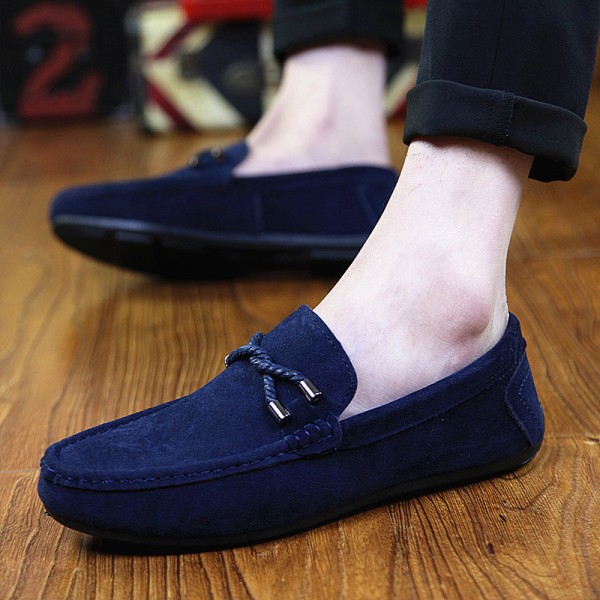 Blue Navy Suede Braided Knit Mens Casual Loafers Flats Shoes