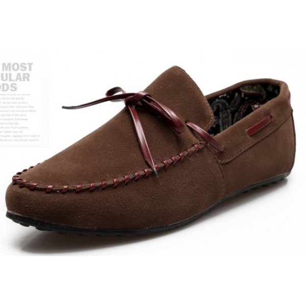 Brown Bow Suede Mens Casual Loafers Flats Shoes