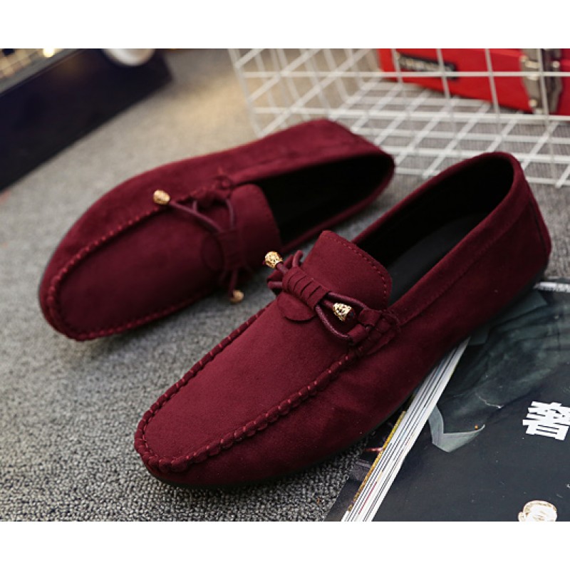 Burgundy Suede Bow Mens Casual Loafers 