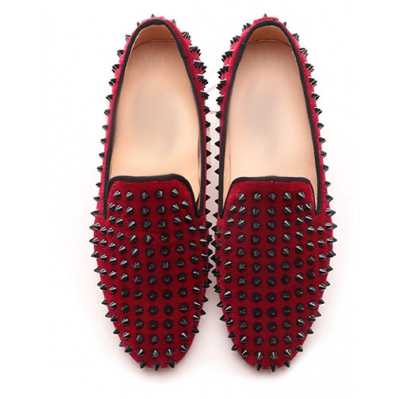 Red Suede Spike Studs Punk Rock Mens Loafers Flats Dress Shoes