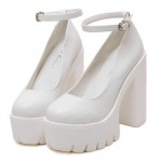 White Chunky Cleated Platforms Sole Block High Heels Mary Jane Shoes