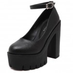 Black Chunky Cleated Platforms Sole Block High Heels Mary Jane Shoes