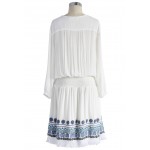 White Blue Embroidery Ethnic Bohemia Tassels Sequins Mid Sleeves Skirt Dress