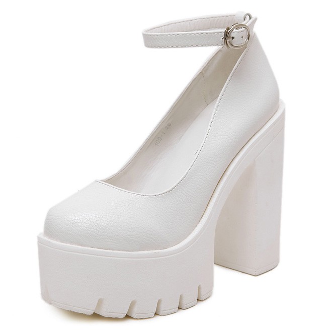 White Chunky Cleated Platforms Sole Block High Heels Mary