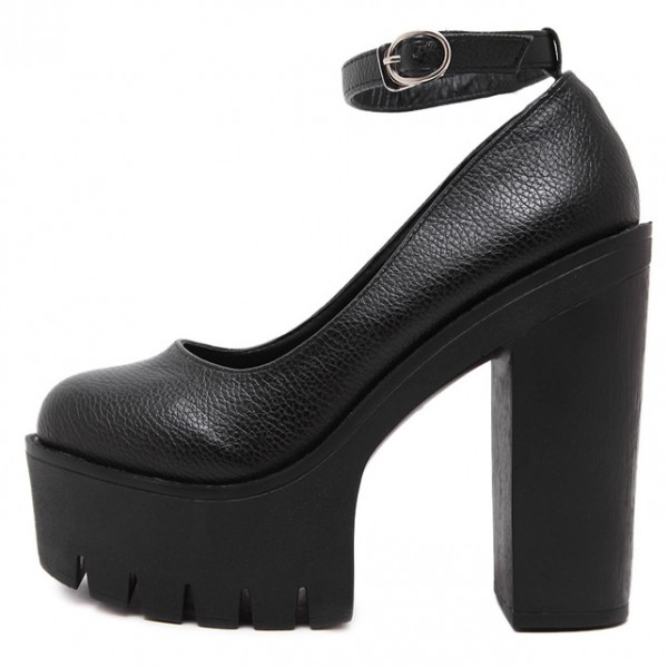 Black Chunky Cleated Platforms Sole Block High Heels Mary Jane Shoes