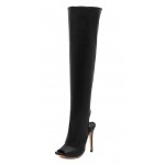 Black Leather PU Peep Toe Stiletto High Heels Knee Long Boots Shoes