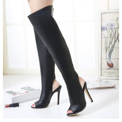 Black Leather PU Peep Toe Stiletto High Heels Knee Long Boots Shoes