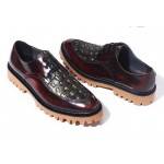 Burgundy Skulls Embossed Leather Cleated Sole Lace Up Mens Oxfords Dress Shoes