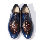 Blue Skulls Embossed Leather Gothic Lace Up Mens Oxfords Dress Shoes