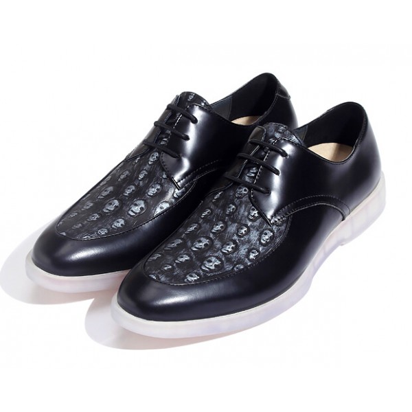 Black Skulls Embossed Leather Gothic Lace Up Mens Oxfords Dress Shoes