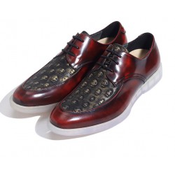 Burgundy Skulls Embossed Leather Gothic Lace Up Mens Oxfords Dress Shoes