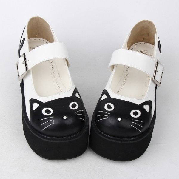 White Black Cat Face Mary Jane Lolita Cleated Sole Platforms Creepers Flats Shoes