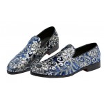 Blue Floral Sequins Mens Oxfords Loafers Dress Shoes Flats