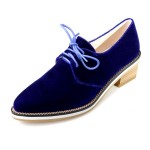 Blue Royal Velvet Gold Chain Point Head Lace Up Vintage Womens Oxfords Heels  Shoes