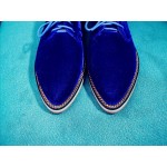 Blue Royal Velvet Gold Chain Point Head Lace Up Vintage Womens Oxfords Heels  Shoes