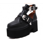 Black Metal Buckle Goth Punk Rock Cut Out Platforms Chunky Sole Boots Shoes