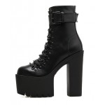 Black Round Head Lace Up Platforms Punk Rock Pointed Head Chunky Heels Boots Creepers Shoes