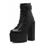 Black Round Head Lace Up Platforms Punk Rock Pointed Head Chunky Heels Boots Creepers Shoes