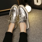 Silver Mirror Patent Leather Lace Up Platforms Wedges Oxfords Sneakers Shoes