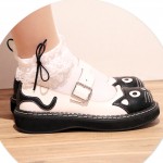 White Black Cat Face Lace Up Lolita Thick Sole Platforms Creepers Flats Mary Jane Shoes