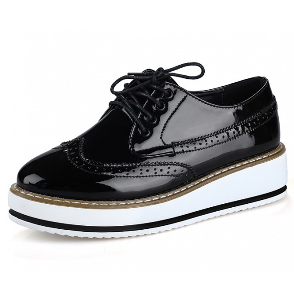 Black Patent Leather Lace Up Platforms Wedges Oxfords Sneakers Shoes