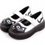 White Black Cat Face Lace Up Lolita Thick Sole Platforms Creepers Flats Mary Jane Shoes
