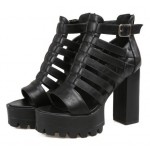 Black Strappy Block Chunky Sole High Heels Gladiator Platforms Sandals Shoes