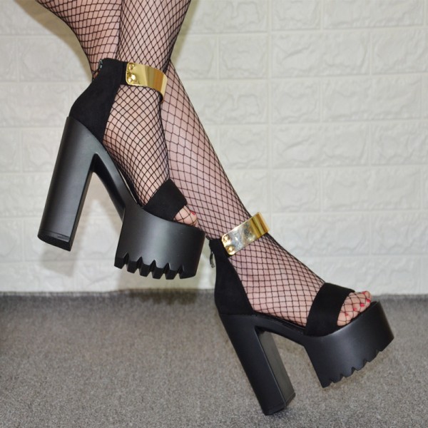 Black Gold Metal Plate Block Chunky Sole High Heels Gladiator Platforms Sandals Shoes