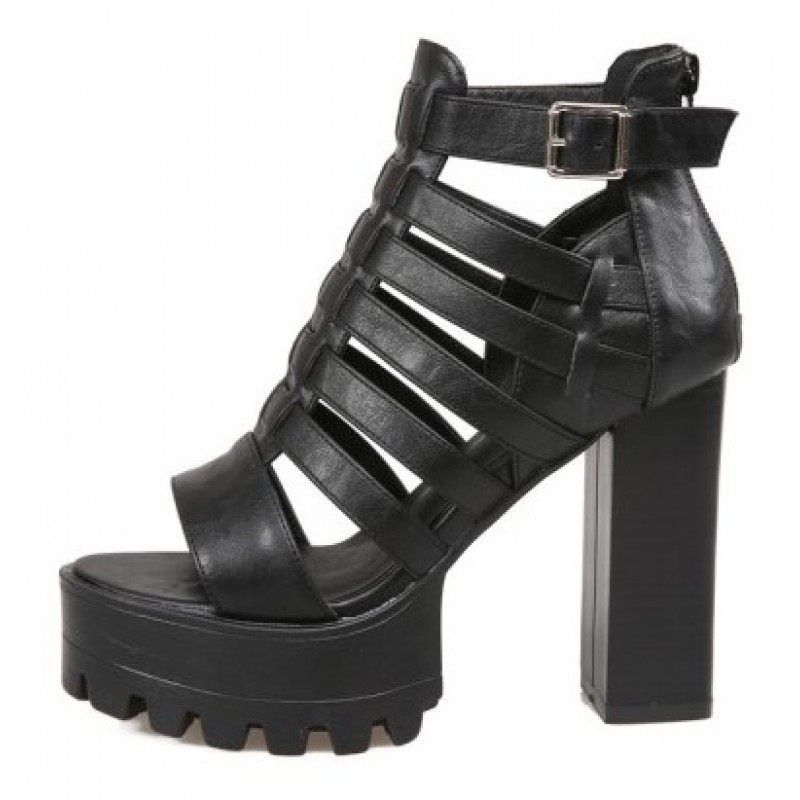 Black Strappy Block Chunky Sole High 